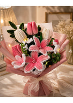 Handmade Pipe Cleaner Flower Bouquet | Artificial Pink Lily & Tulip Chenille Stem Arrangement | Unique Everlasting Gift