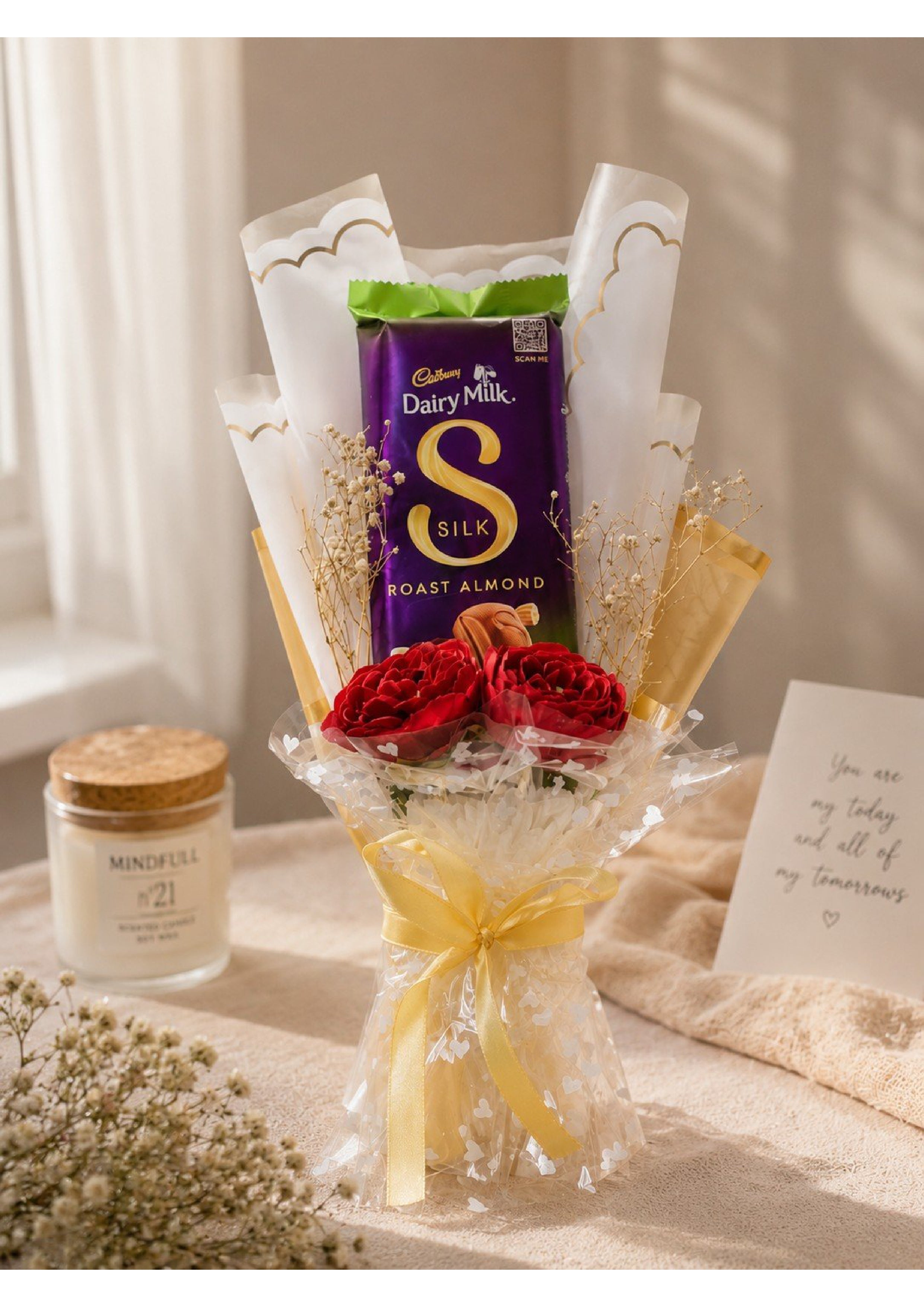 Premium Cadbury Dairy Milk Silk Roast Almond Chocolate Bouquet | Luxury Edible Gift with Artificial Red Roses & Gold Wrapping for Birthdays, Anniversaries & Valentine's