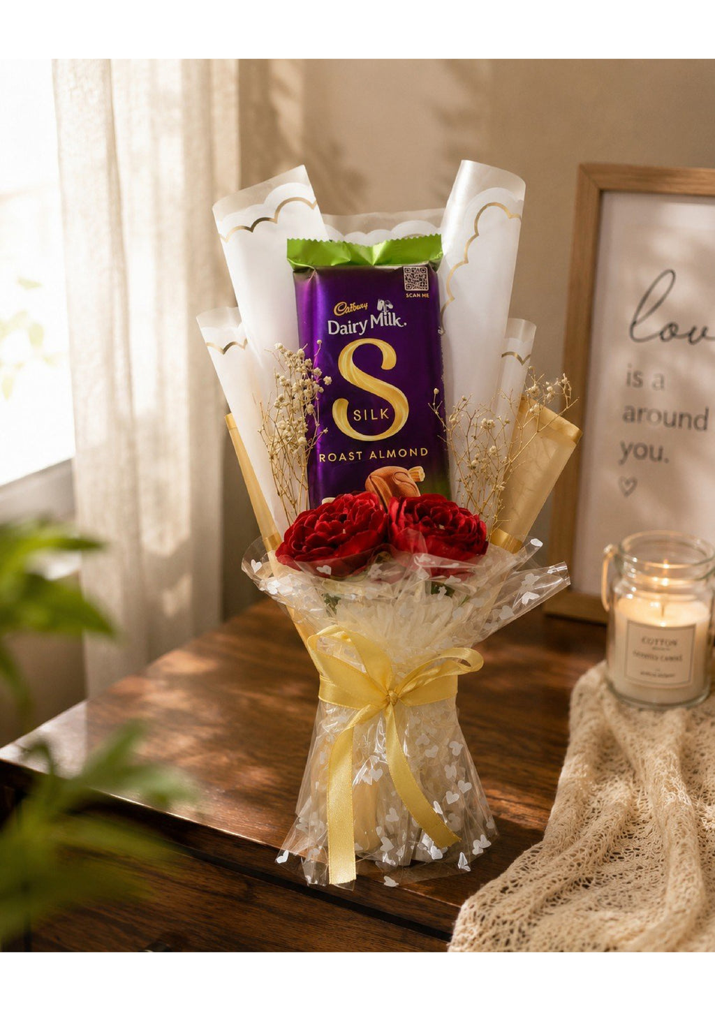 Premium Cadbury Dairy Milk Silk Roast Almond Chocolate Bouquet | Luxury Edible Gift with Artificial Red Roses & Gold Wrapping for Birthdays, Anniversaries & Valentine's
