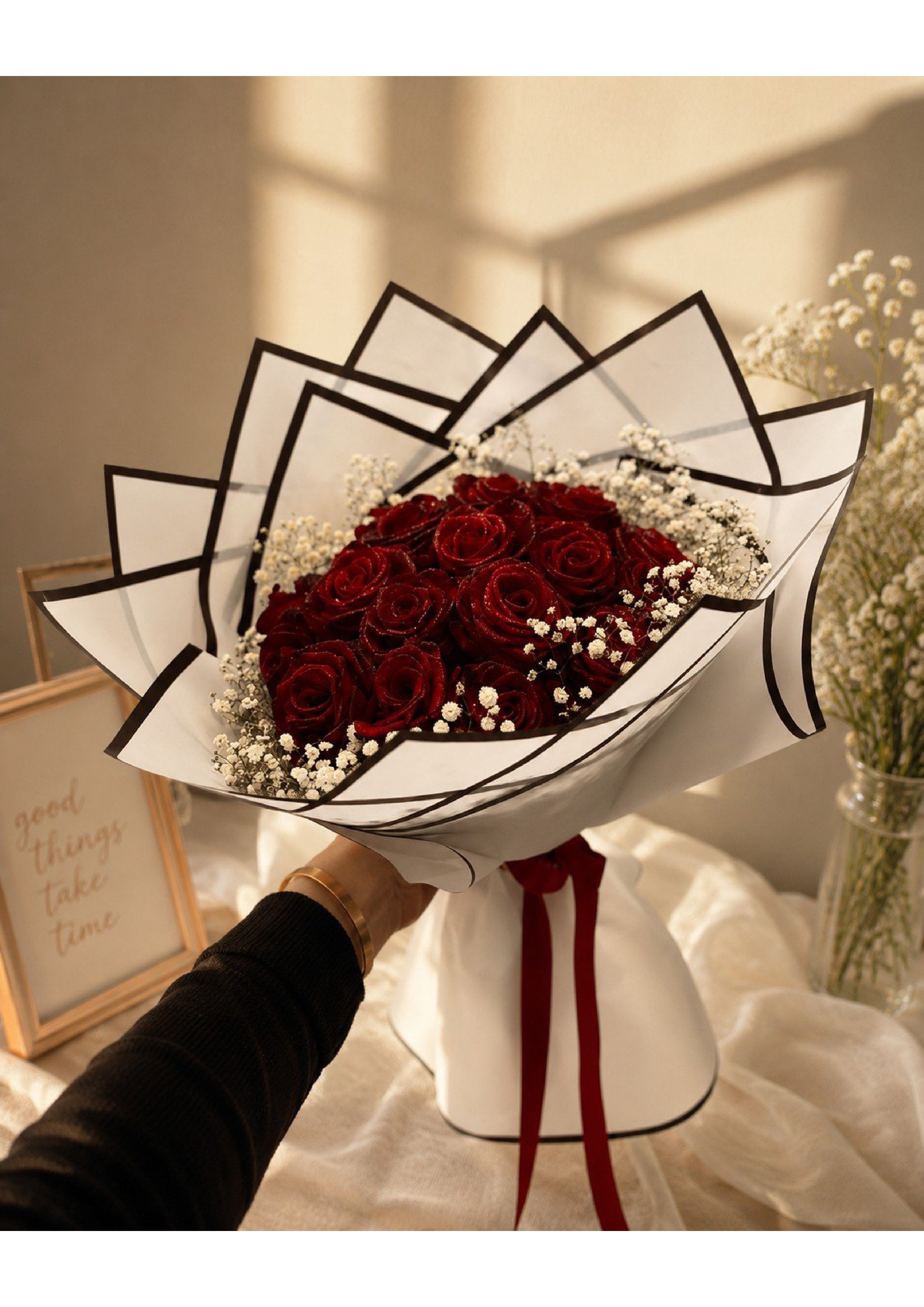 Luxury Deep Red Ribbon Rose Bouquet with Baby's Breath | Eternal Handmade Satin Flower Arrangement in Modern Black & White Geometric Wrapping