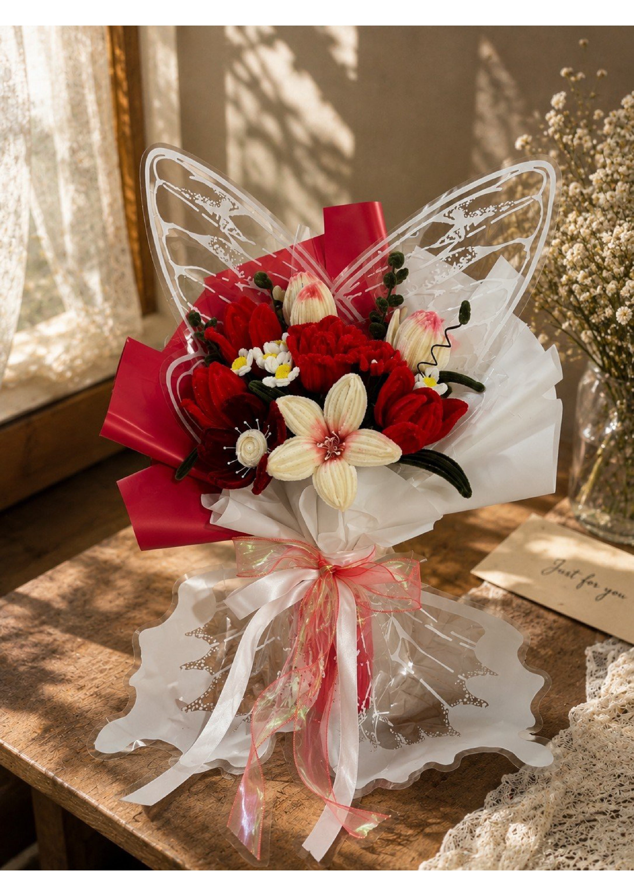 Handcrafted Mixed Chenille Pipe Cleaner Floral Bouquet with Butterfly Wings | Luxury Eternal Velvet Flower Arrangement for Anniversaries, Birthdays & Graduations
