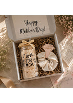 Premium Mother’s Day Self-Care Gift Box Set | Aesthetic Glass Tumbler with Bamboo Lid & Silk Scrunchie | Personalized Gift Hamper for Mom