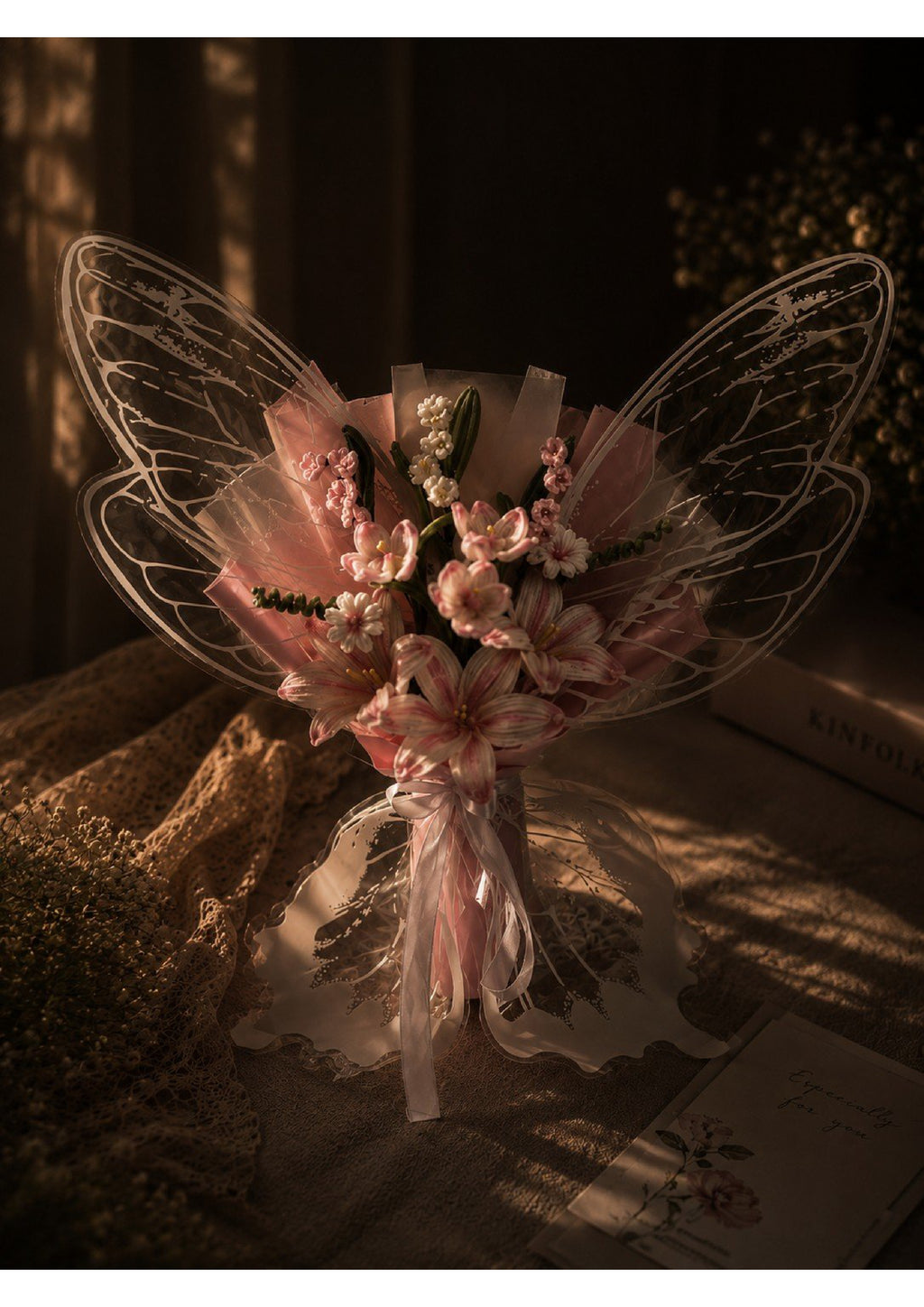 Handcrafted Pastel Pink Chenille Pipe Cleaner Lily Bouquet with Butterfly Wings | Eternal Lily of the Valley Flower Gift for Graduation, Prom, and Birthdays