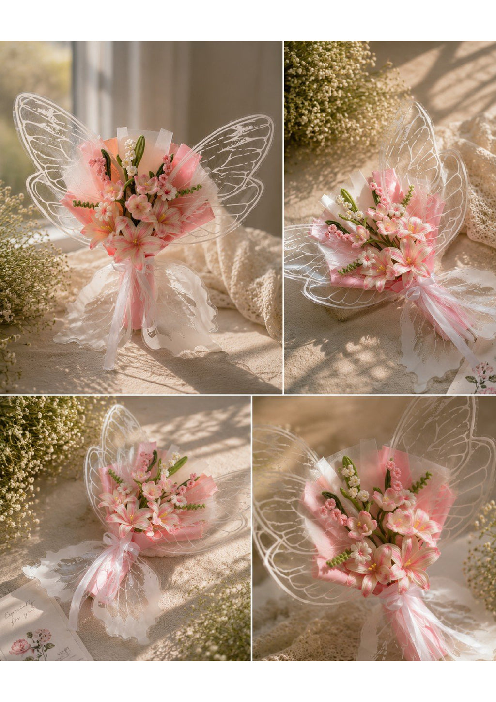 Handcrafted Pastel Pink Chenille Pipe Cleaner Lily Bouquet with Butterfly Wings | Eternal Lily of the Valley Flower Gift for Graduation, Prom, and Birthdays