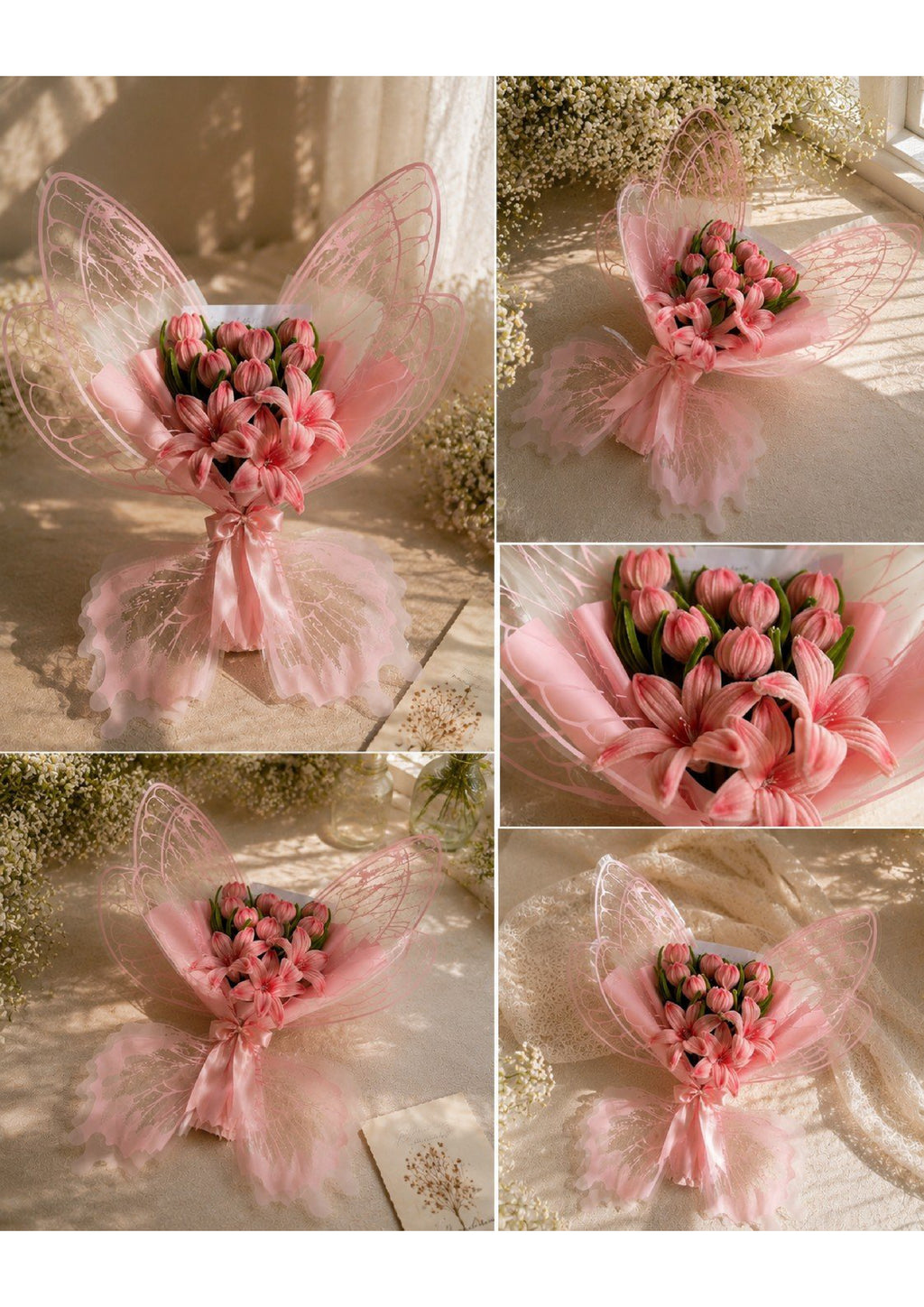 Handcrafted Pink Chenille Pipe Cleaner Tulip & Lily Bouquet | Unique Everlasting Velvet Flower Gift with Blush Pink Butterfly Wing Wrapping for Her