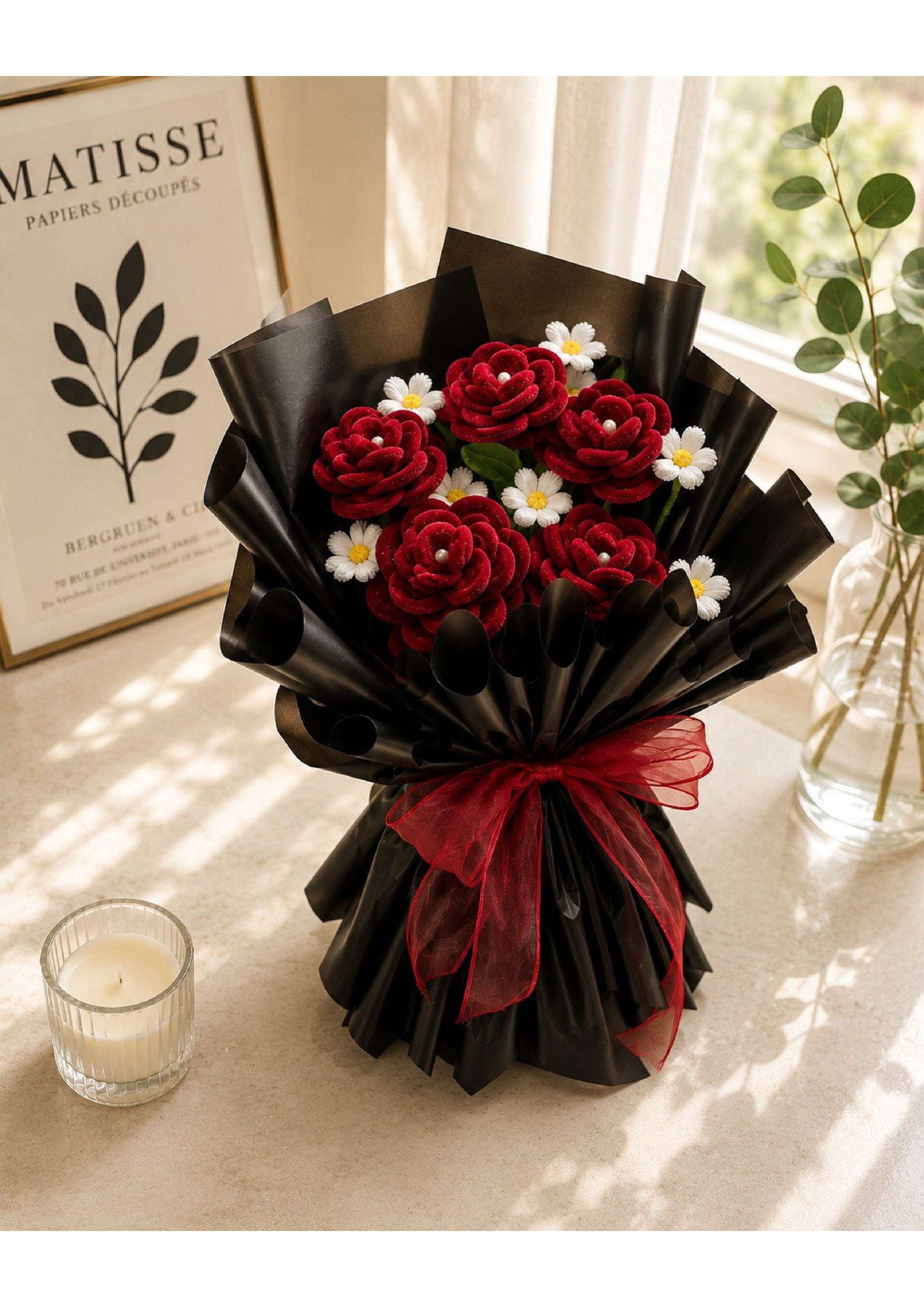 Handcrafted Velvet Crimson Rose & Daisy Chenille Pipe Cleaner Bouquet | Gothic Luxury Eternal Flower Arrangement with Pearl Centers in Pleated Black Wrapping