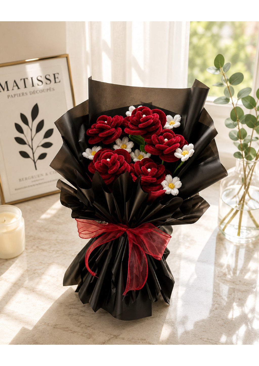 Handcrafted Velvet Crimson Rose & Daisy Chenille Pipe Cleaner Bouquet | Gothic Luxury Eternal Flower Arrangement with Pearl Centers in Pleated Black Wrapping
