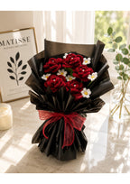 Handcrafted Velvet Crimson Rose & Daisy Chenille Pipe Cleaner Bouquet | Gothic Luxury Eternal Flower Arrangement with Pearl Centers in Pleated Black Wrapping