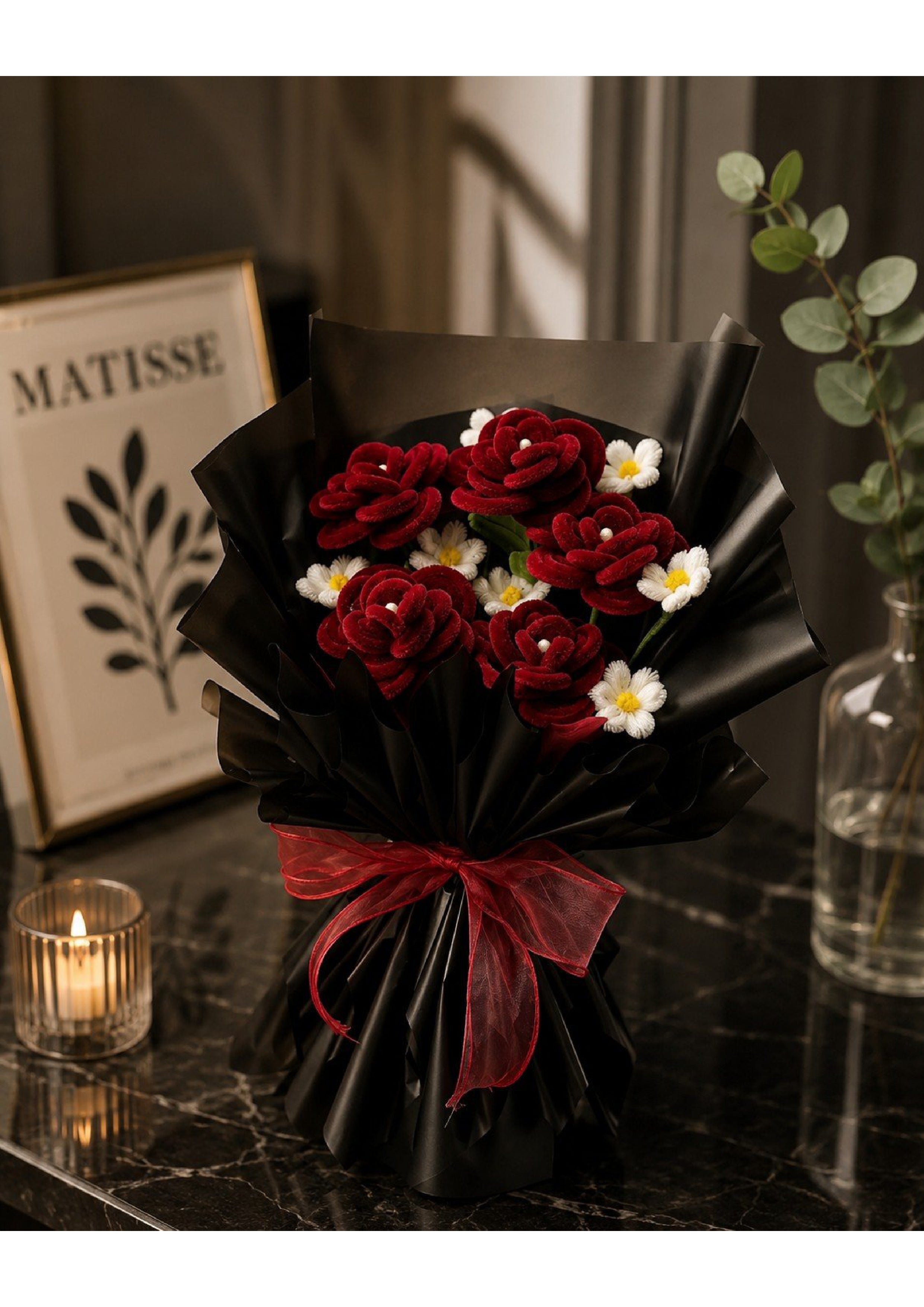 Handcrafted Velvet Crimson Rose & Daisy Chenille Pipe Cleaner Bouquet | Gothic Luxury Eternal Flower Arrangement with Pearl Centers in Pleated Black Wrapping