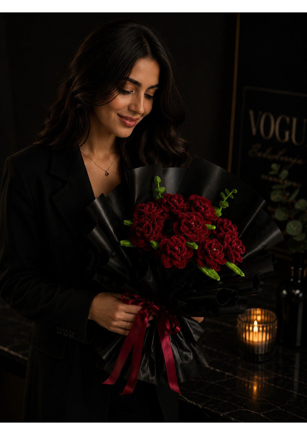 Handcrafted Crimson Satin Ribbon Rose Bridal Bouquet with Black Pearl Tulle | Gothic Luxury Eternal Flower Arrangement for Weddings, Prom & Anniversary