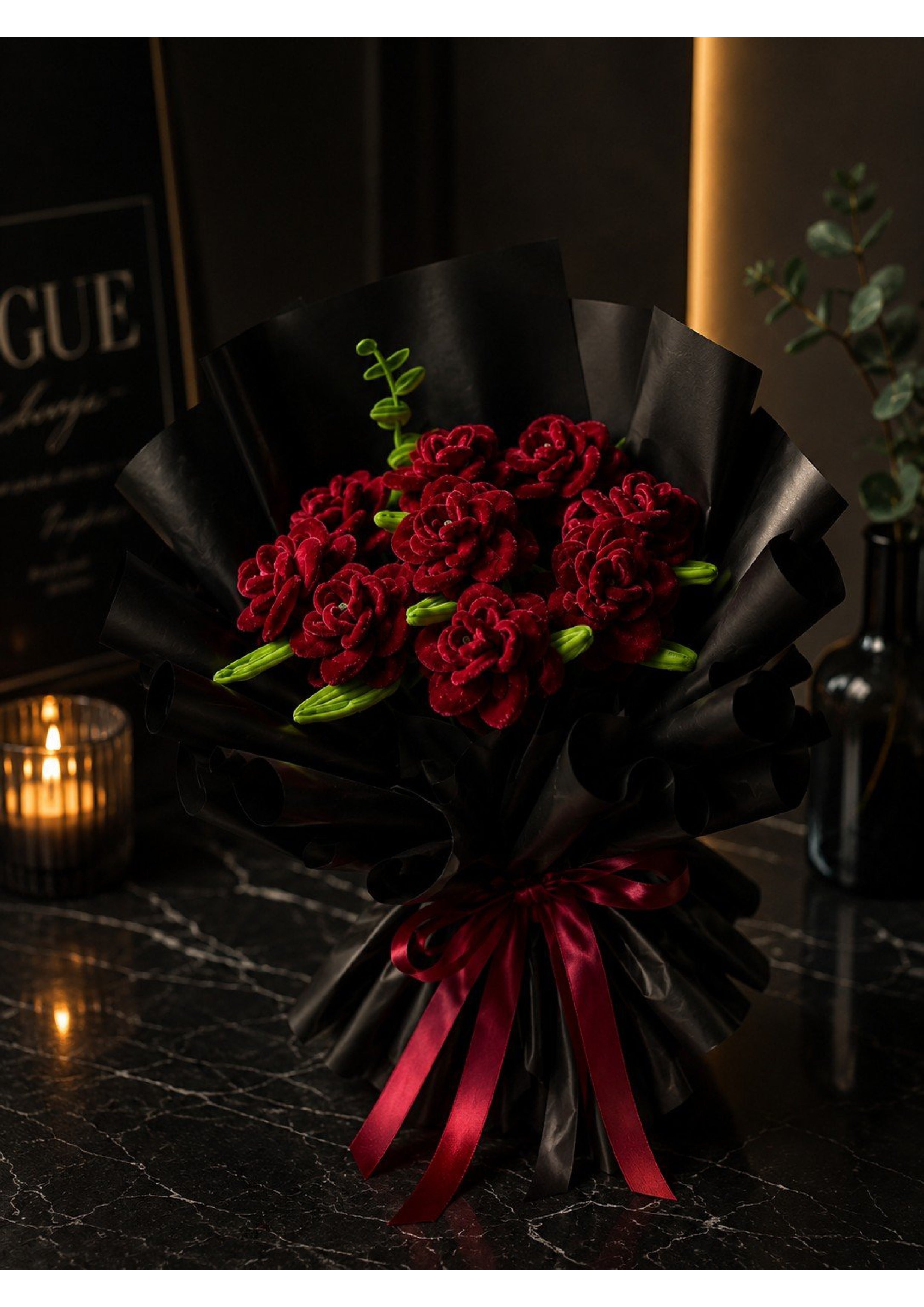 Handcrafted Crimson Satin Ribbon Rose Bridal Bouquet with Black Pearl Tulle | Gothic Luxury Eternal Flower Arrangement for Weddings, Prom & Anniversary