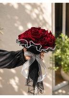 Handcrafted Crimson Satin Ribbon Rose Bridal Bouquet with Black Pearl Tulle | Gothic Luxury Eternal Flower Arrangement for Weddings, Prom & Anniversary