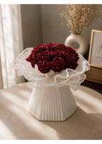 Luxury Crimson Ribbon Rose Bouquet with Glitter Dewdrops & Pearl Trim | Eternal Hand-Folded Satin Flower Arrangement in Pleated White Tulle Skirt