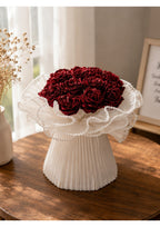 Luxury Crimson Ribbon Rose Bouquet with Glitter Dewdrops & Pearl Trim | Eternal Hand-Folded Satin Flower Arrangement in Pleated White Tulle Skirt