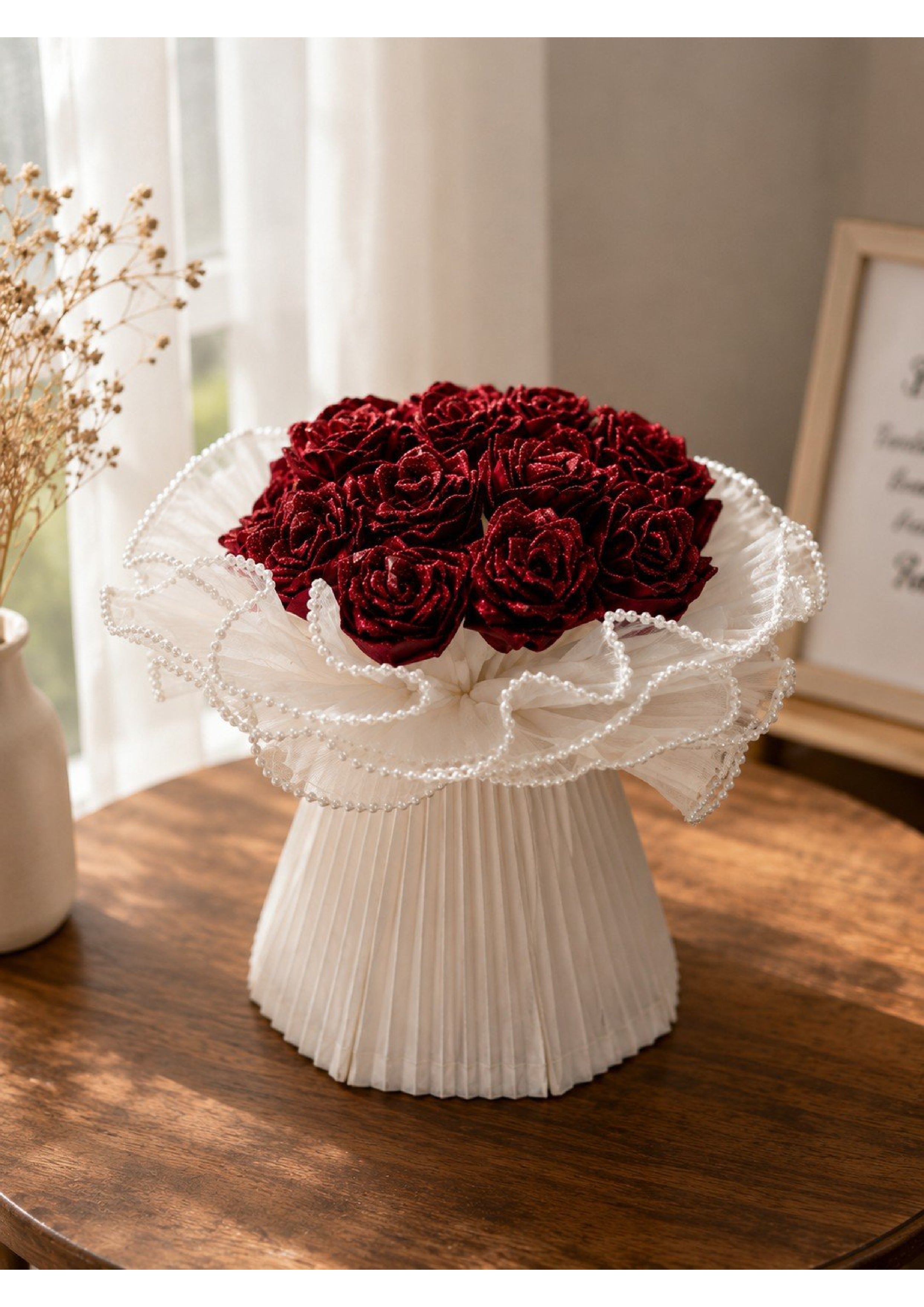Luxury Crimson Ribbon Rose Bouquet with Glitter Dewdrops & Pearl Trim | Eternal Hand-Folded Satin Flower Arrangement in Pleated White Tulle Skirt