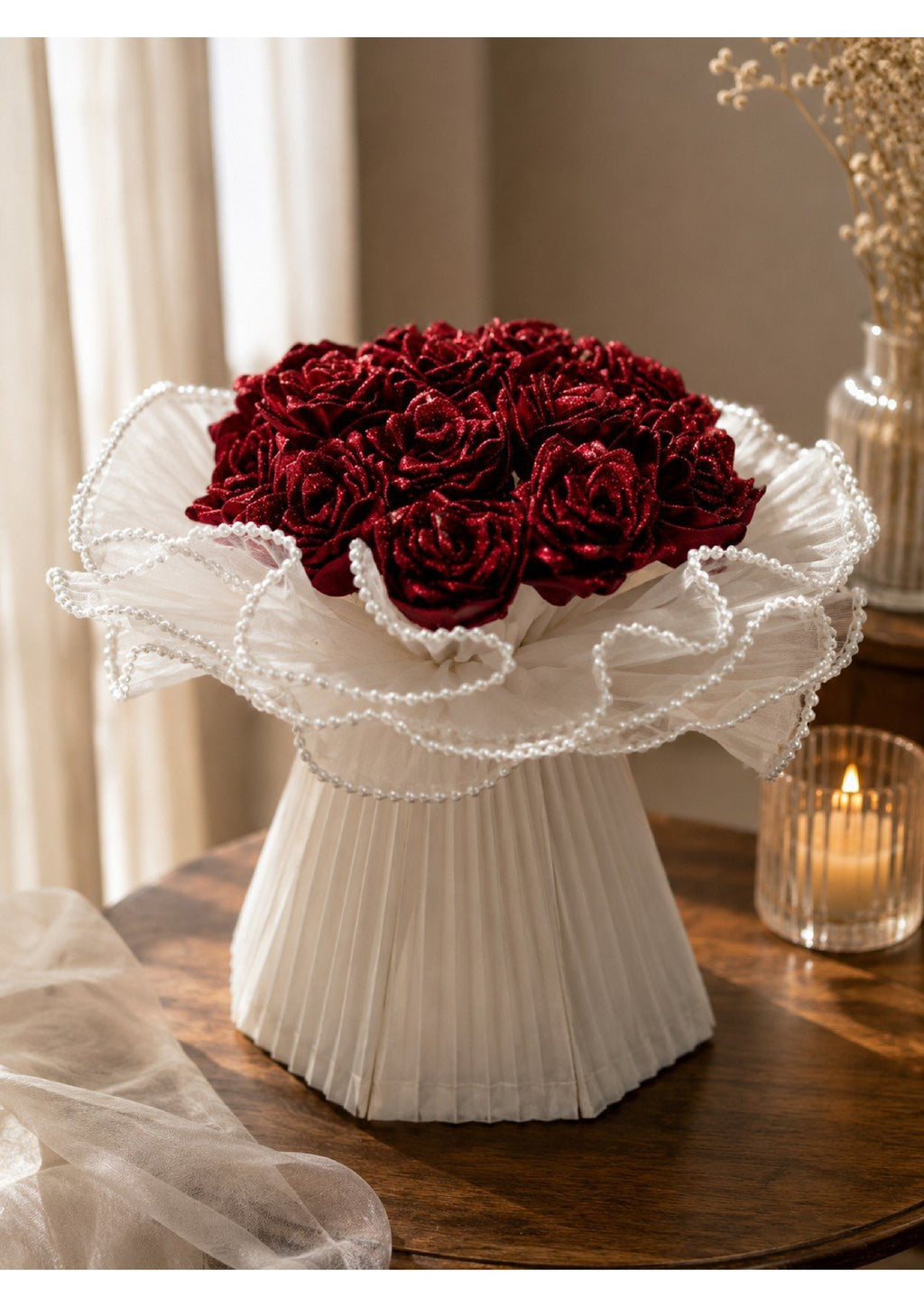 Luxury Crimson Ribbon Rose Bouquet with Glitter Dewdrops & Pearl Trim | Eternal Hand-Folded Satin Flower Arrangement in Pleated White Tulle Skirt