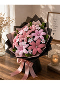 Handcrafted Chenille Pipe Cleaner Lily and Daisy Mixed Flower Bouquet | Premium Pink Velvet Eternal Floral Arrangement in Matte Black Wrapping for Birthdays & Graduation