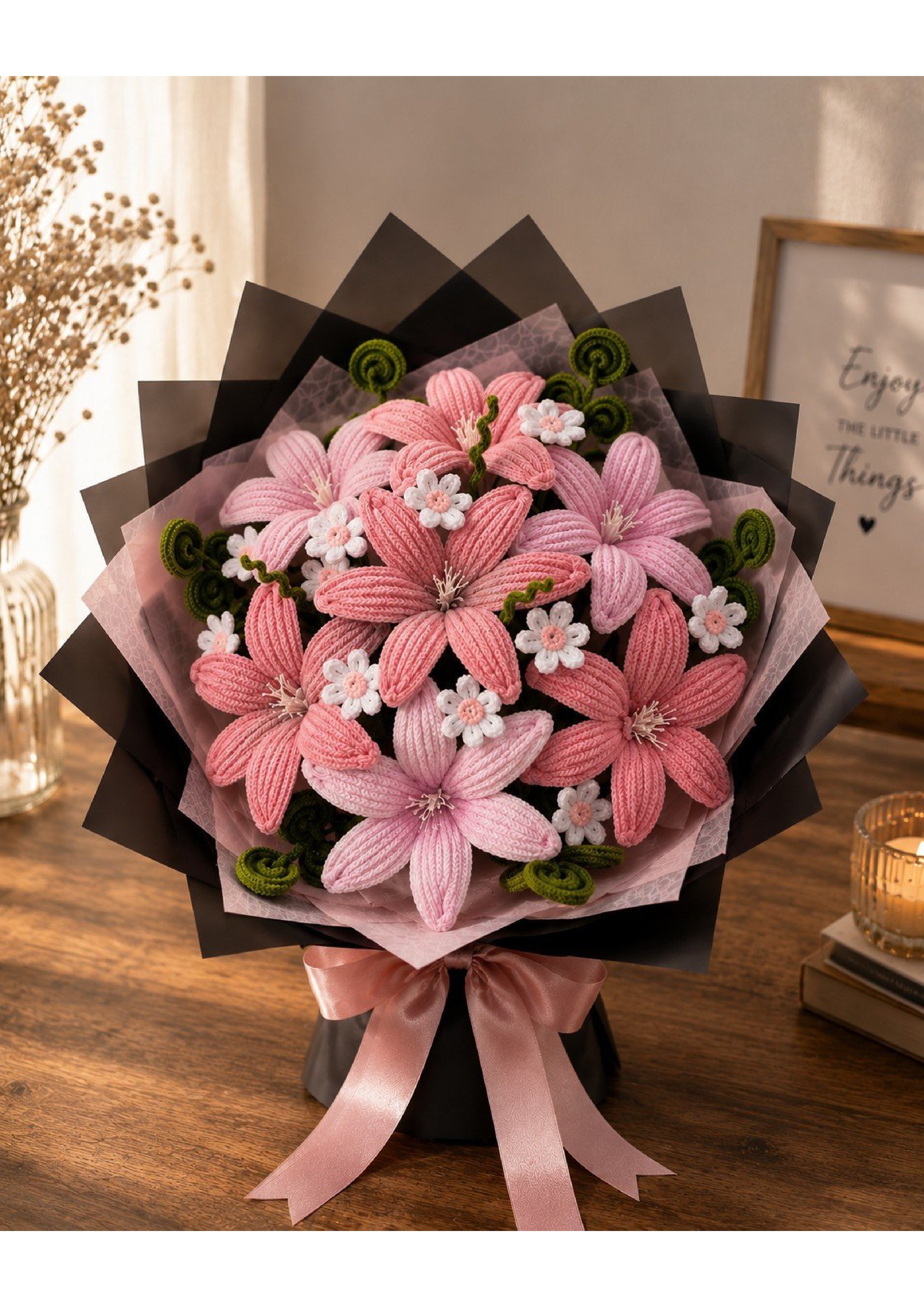Handcrafted Chenille Pipe Cleaner Lily and Daisy Mixed Flower Bouquet | Premium Pink Velvet Eternal Floral Arrangement in Matte Black Wrapping for Birthdays & Graduation