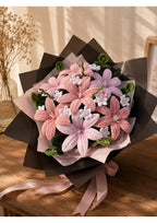 Handcrafted Chenille Pipe Cleaner Lily and Daisy Mixed Flower Bouquet | Premium Pink Velvet Eternal Floral Arrangement in Matte Black Wrapping for Birthdays & Graduation