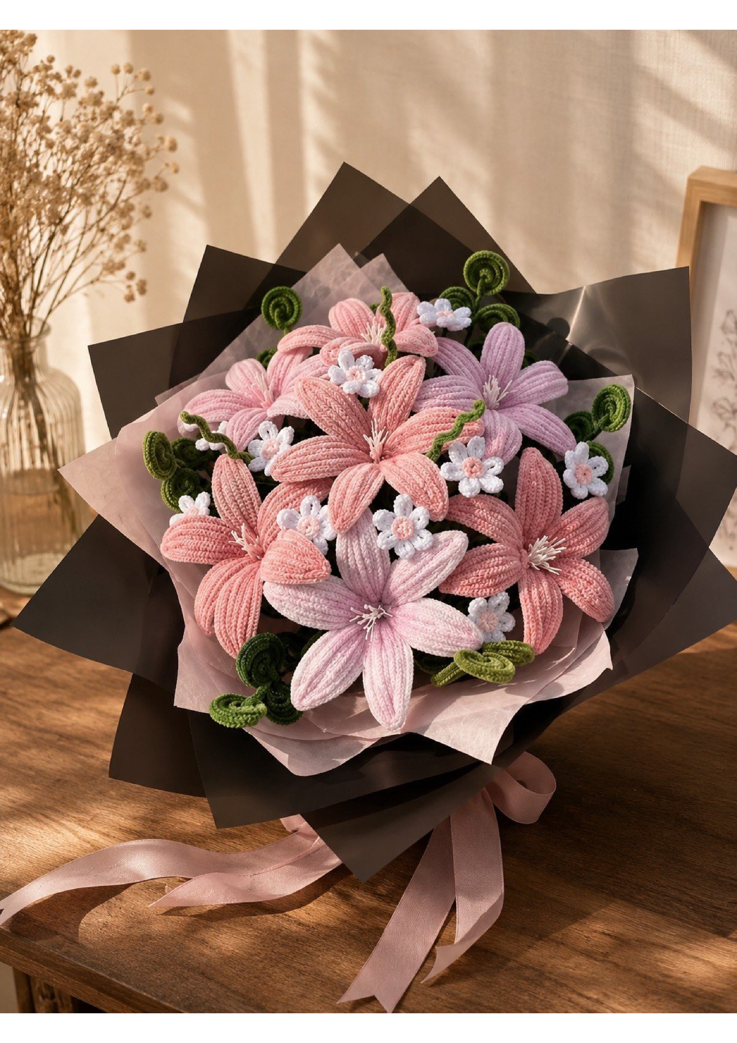 Handcrafted Chenille Pipe Cleaner Lily and Daisy Mixed Flower Bouquet | Premium Pink Velvet Eternal Floral Arrangement in Matte Black Wrapping for Birthdays & Graduation