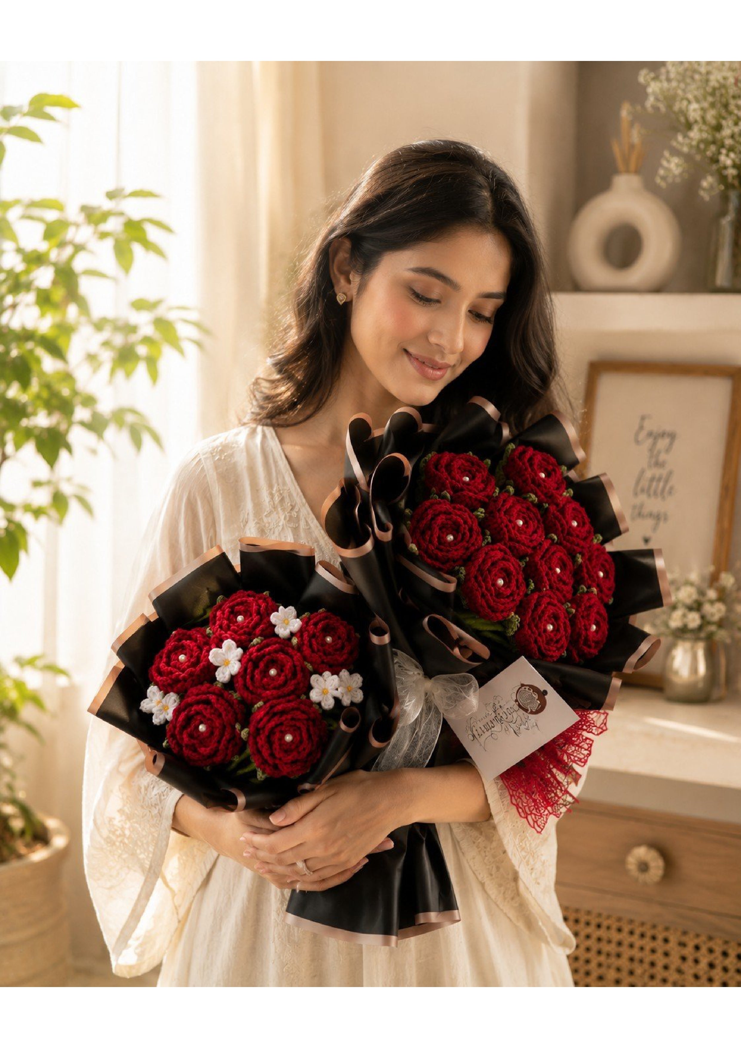 Handcrafted Crochet Red Rose & Daisy Bouquet with Pearl Centers | Gothic Luxury Knit Eternal Flower Arrangement in Gold-Trimmed Matte Black Wrapping PACK OF -2