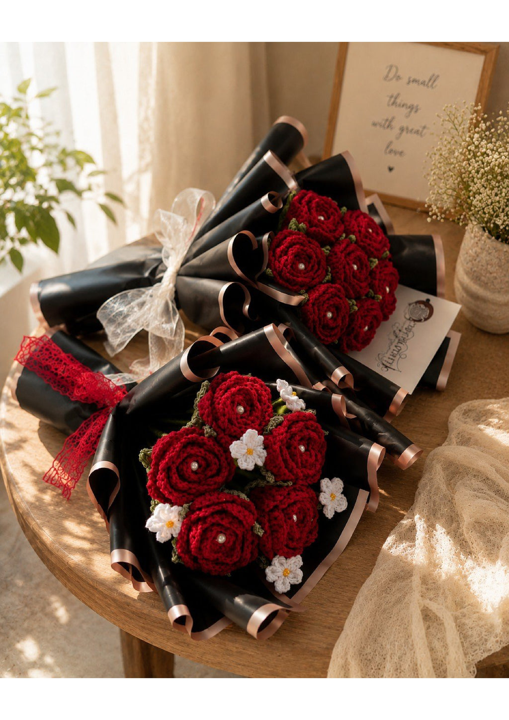 Handcrafted Crochet Red Rose & Daisy Bouquet with Pearl Centers | Gothic Luxury Knit Eternal Flower Arrangement in Gold-Trimmed Matte Black Wrapping PACK OF -2