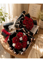 Handcrafted Crochet Red Rose & Daisy Bouquet with Pearl Centers | Gothic Luxury Knit Eternal Flower Arrangement in Gold-Trimmed Matte Black Wrapping PACK OF -2