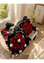 Handcrafted Crochet Red Rose & Daisy Bouquet with Pearl Centers | Gothic Luxury Knit Eternal Flower Arrangement in Gold-Trimmed Matte Black Wrapping PACK OF -2