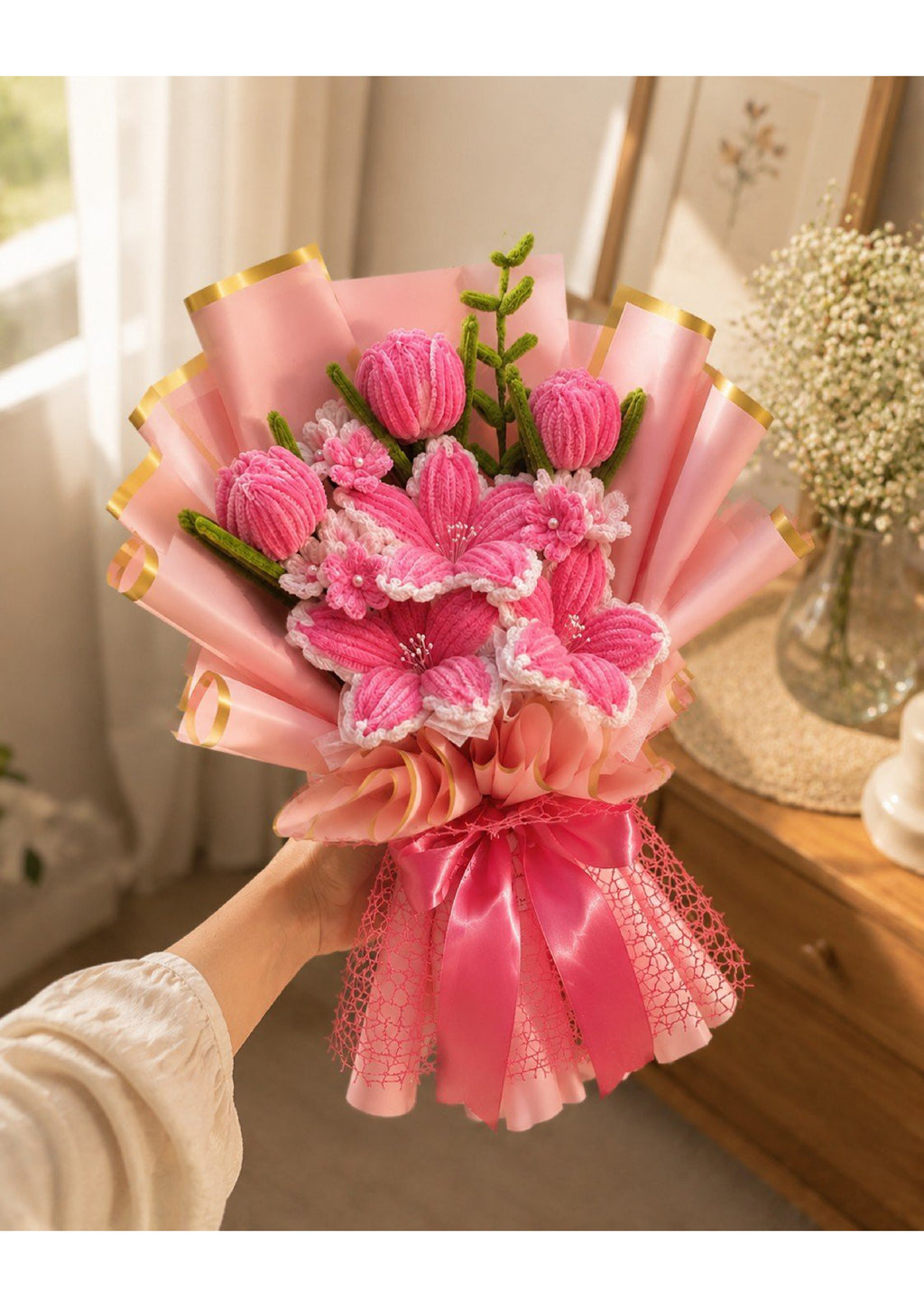 Handcrafted Pink Chenille Pipe Cleaner Lily & Tulip Bouquet | Luxury Velvet Eternal Mixed Flower Gift with Gold-Border Wrapping for Birthdays & Graduation