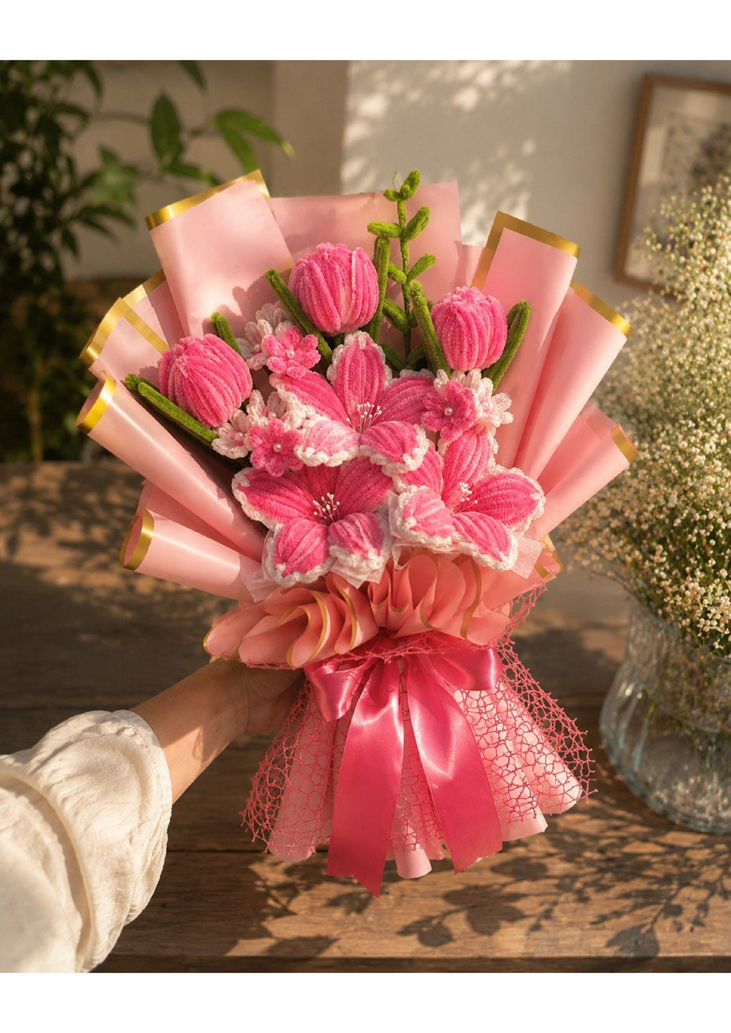 Handcrafted Pink Chenille Pipe Cleaner Lily & Tulip Bouquet | Luxury Velvet Eternal Mixed Flower Gift with Gold-Border Wrapping for Birthdays & Graduation