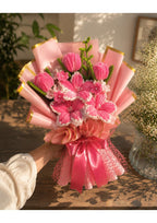 Handcrafted Pink Chenille Pipe Cleaner Lily & Tulip Bouquet | Luxury Velvet Eternal Mixed Flower Gift with Gold-Border Wrapping for Birthdays & Graduation