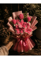 Handcrafted Pink Chenille Pipe Cleaner Lily & Tulip Bouquet | Luxury Velvet Eternal Mixed Flower Gift with Gold-Border Wrapping for Birthdays & Graduation