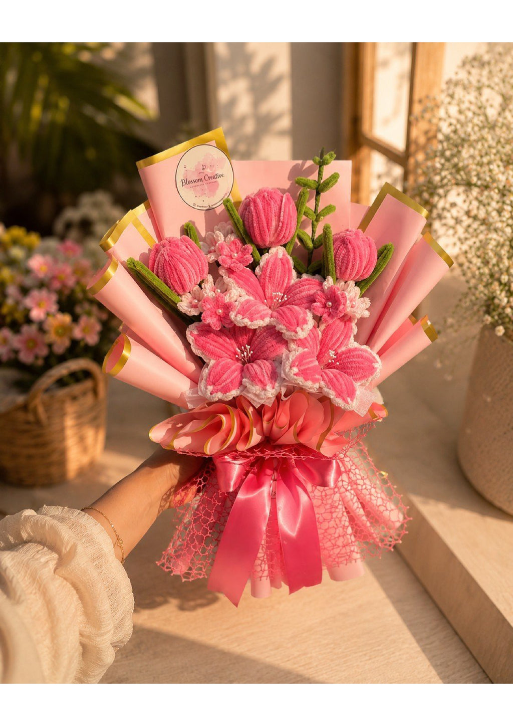 Handcrafted Pink Chenille Pipe Cleaner Lily & Tulip Bouquet | Luxury Velvet Eternal Mixed Flower Gift with Gold-Border Wrapping for Birthdays & Graduation