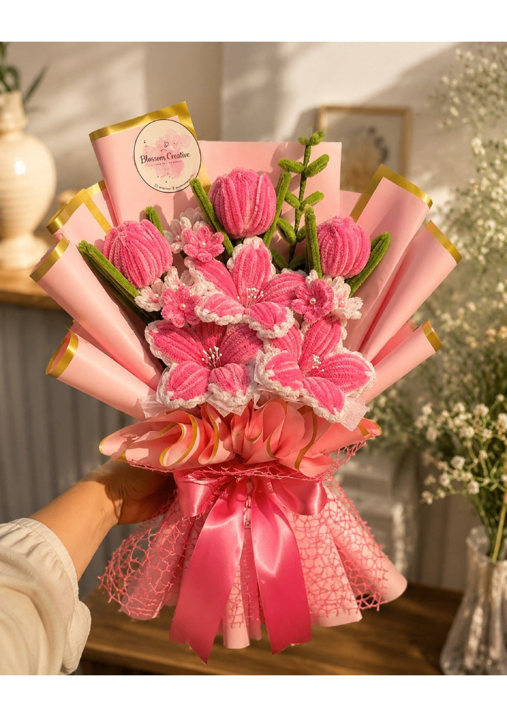 Handcrafted Pink Chenille Pipe Cleaner Lily & Tulip Bouquet | Luxury Velvet Eternal Mixed Flower Gift with Gold-Border Wrapping for Birthdays & Graduation