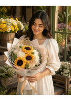 Handcrafted Crochet Sunflower & White Rose Bouquet | Luxury Eternal Knitted Flower Gift for Mother's Day, Birthdays & Anniversaries with Butterfly Accents