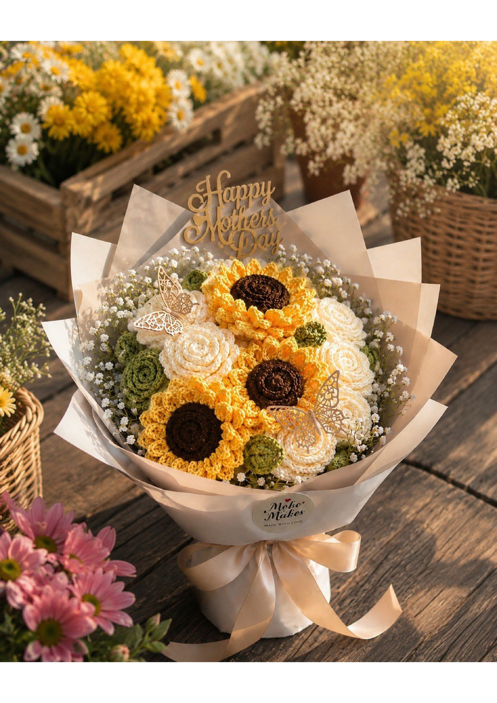 Handcrafted Crochet Sunflower & White Rose Bouquet | Luxury Eternal Knitted Flower Gift for Mother's Day, Birthdays & Anniversaries with Butterfly Accents