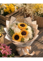 Handcrafted Crochet Sunflower & White Rose Bouquet | Luxury Eternal Knitted Flower Gift for Mother's Day, Birthdays & Anniversaries with Butterfly Accents