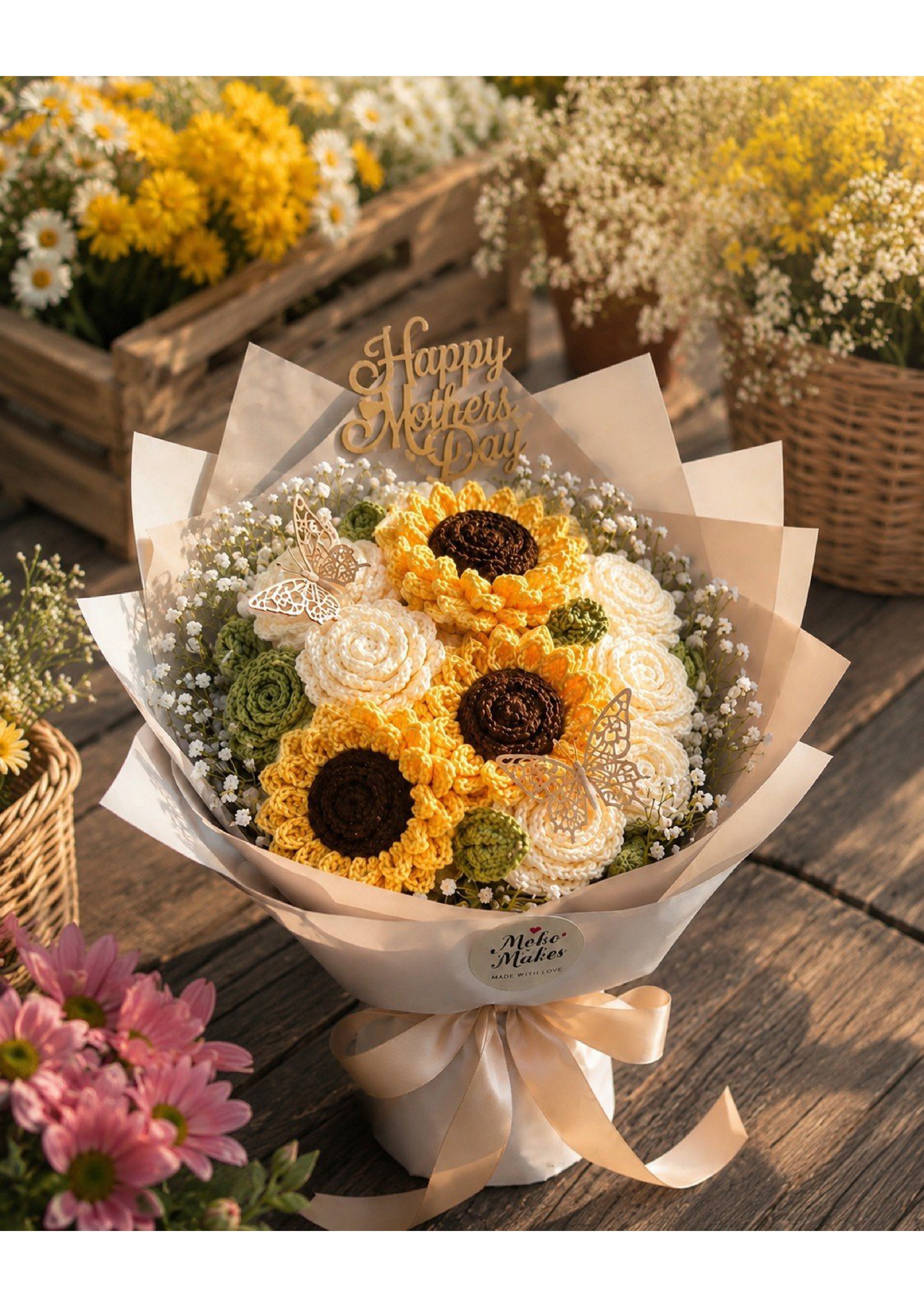 Handcrafted Crochet Sunflower & White Rose Bouquet | Luxury Eternal Knitted Flower Gift for Mother's Day, Birthdays & Anniversaries with Butterfly Accents
