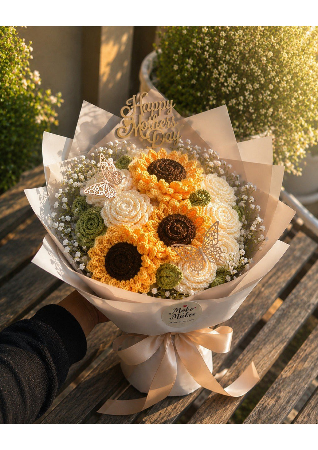 Handcrafted Crochet Sunflower & White Rose Bouquet | Luxury Eternal Knitted Flower Gift for Mother's Day, Birthdays & Anniversaries with Butterfly Accents