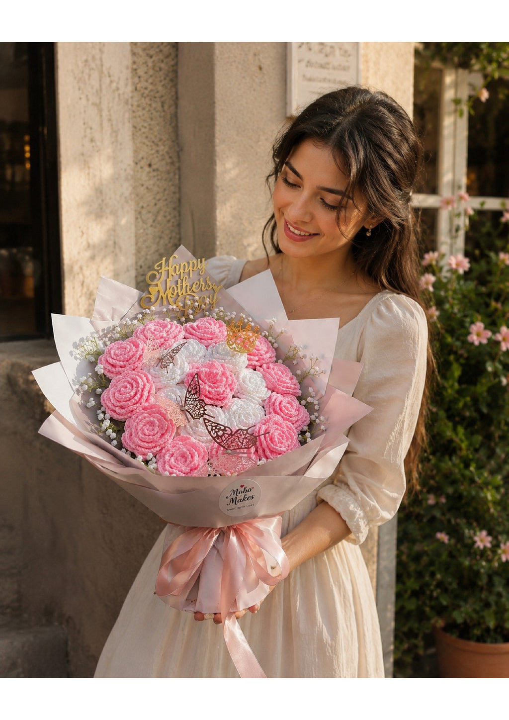 Handcrafted Crochet Pink & White Rose Bouquet with Crown and Butterflies | Premium Knit Eternal Floral Arrangement for Mother's Day, Birthdays & Anniversaries