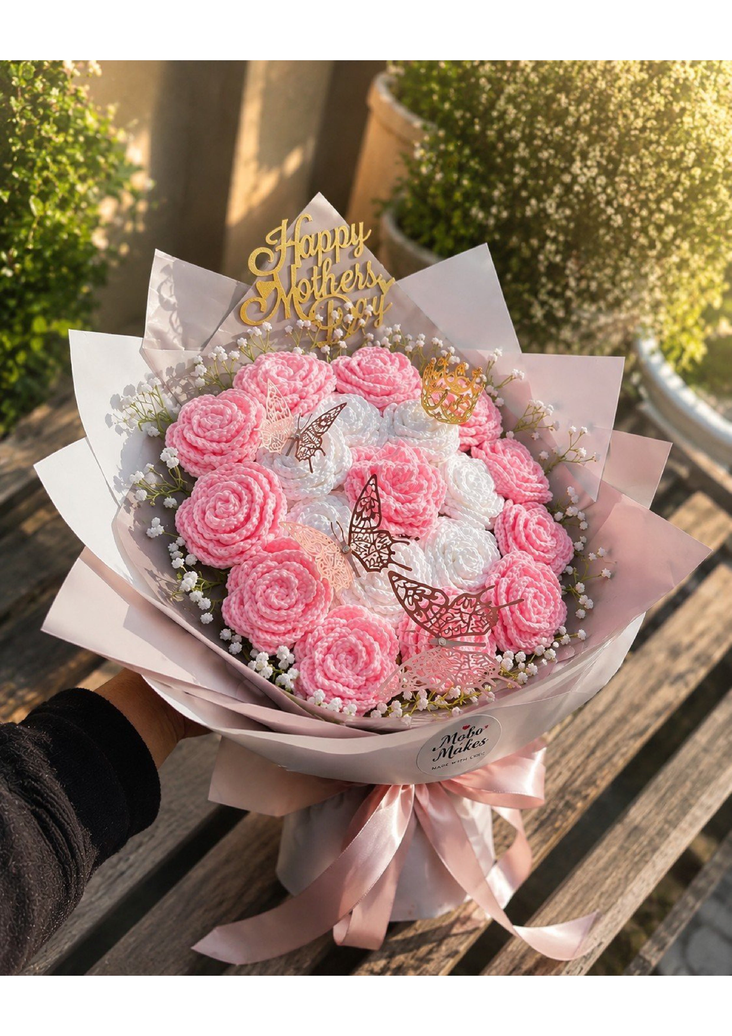 Handcrafted Crochet Pink & White Rose Bouquet with Crown and Butterflies | Premium Knit Eternal Floral Arrangement for Mother's Day, Birthdays & Anniversaries