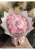 Handcrafted Crochet Pink & White Rose Bouquet with Crown and Butterflies | Premium Knit Eternal Floral Arrangement for Mother's Day, Birthdays & Anniversaries