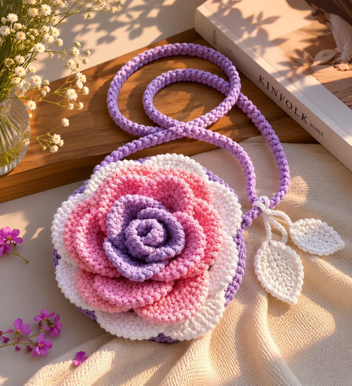Handmade Crochet Rose Flower Sling Bag – Pastel Multi-Color Crossbody