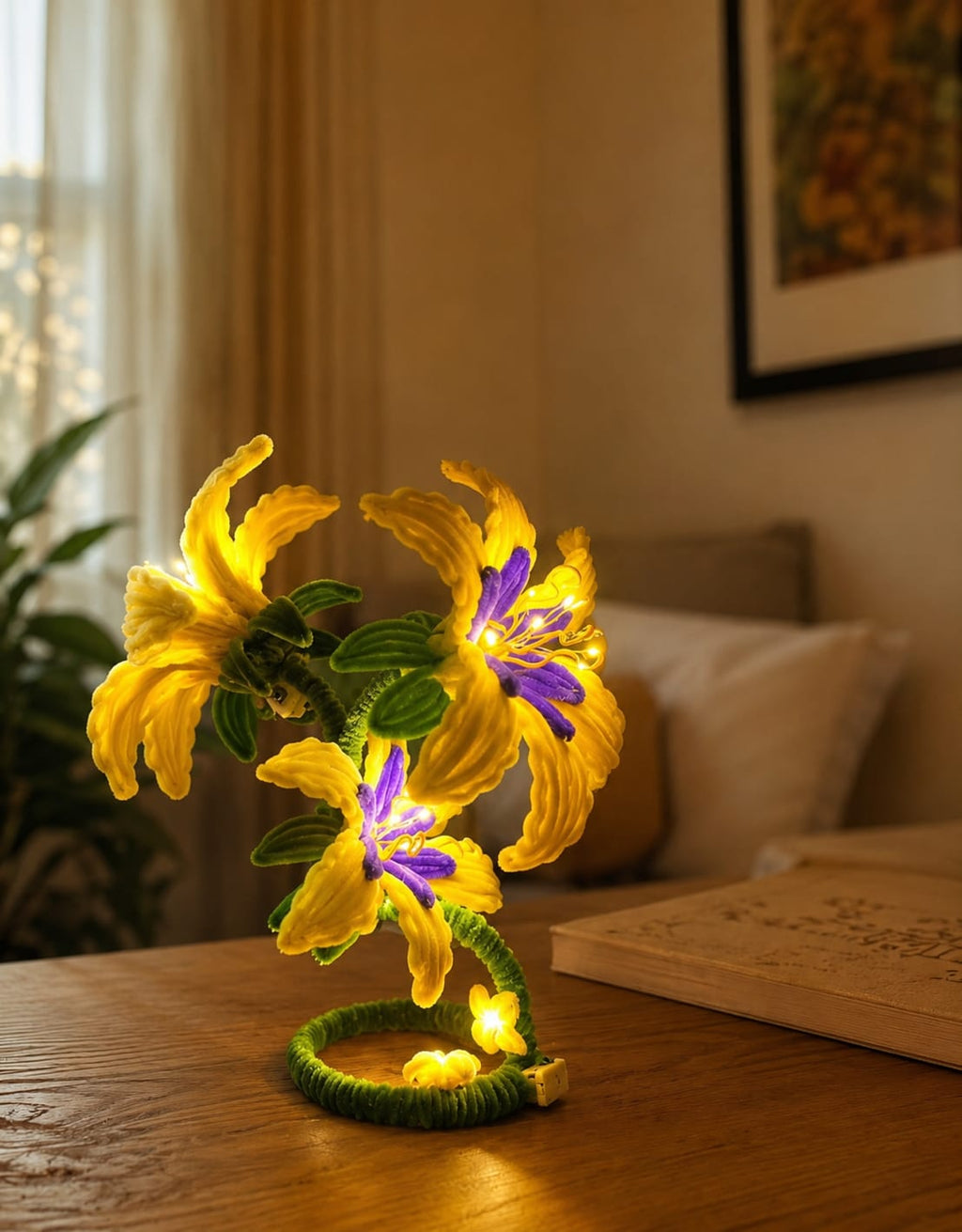 Handmade Yellow and Purple Pipe Cleaner Flower LED Night Light