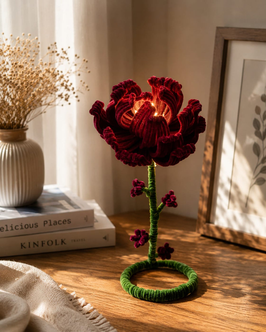 Handmade Dark Red Velvet Flower LED Night Light – Aesthetic Peony Desk Lamp