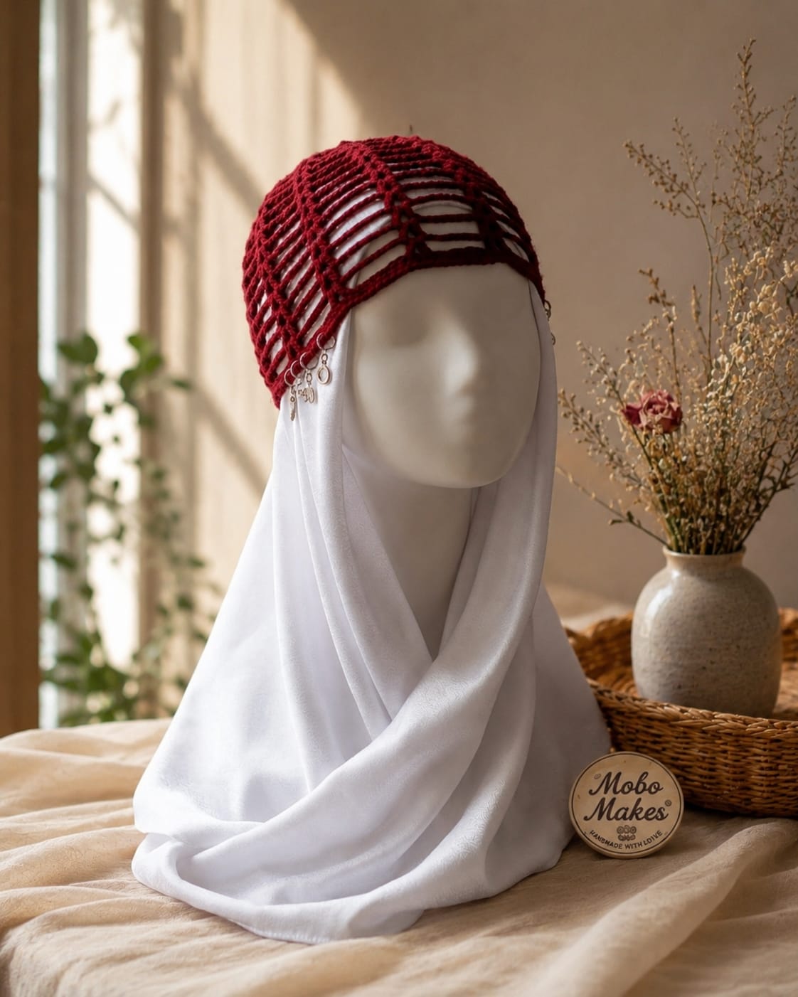 Handmade Crimson Red Knit Hair Net – Open Work Vintage Style Cottagecore Bonnet