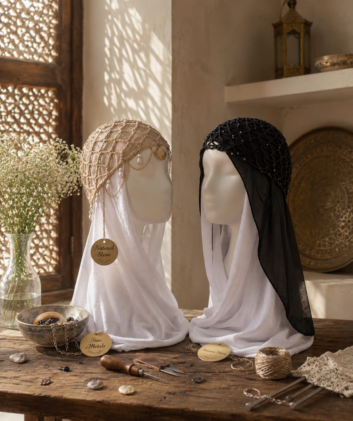 Handmade Crochet Hijab Accessory Cap – Jeweled Net Bonnet with Draping Gold Chains