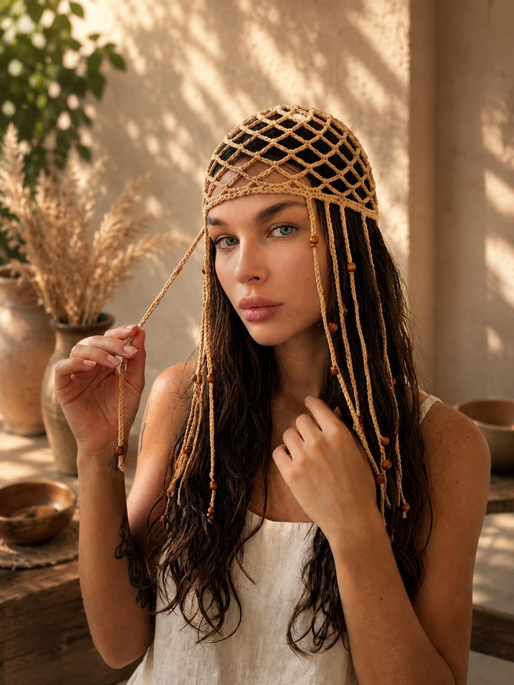 Handmade Crochet Net Headband Scarf – Beige Festival Hair Net with Draping Tassels