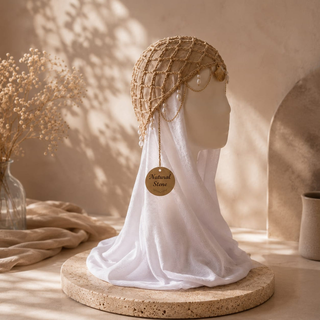 Handmade Crochet Hijab Accessory Cap – Jeweled Net Bonnet with Draping Gold Chains