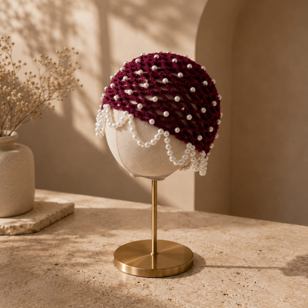 Pearl Embellished Crochet Hair Cap – Burgundy Vintage Mesh Headpiece | Mobo Makes